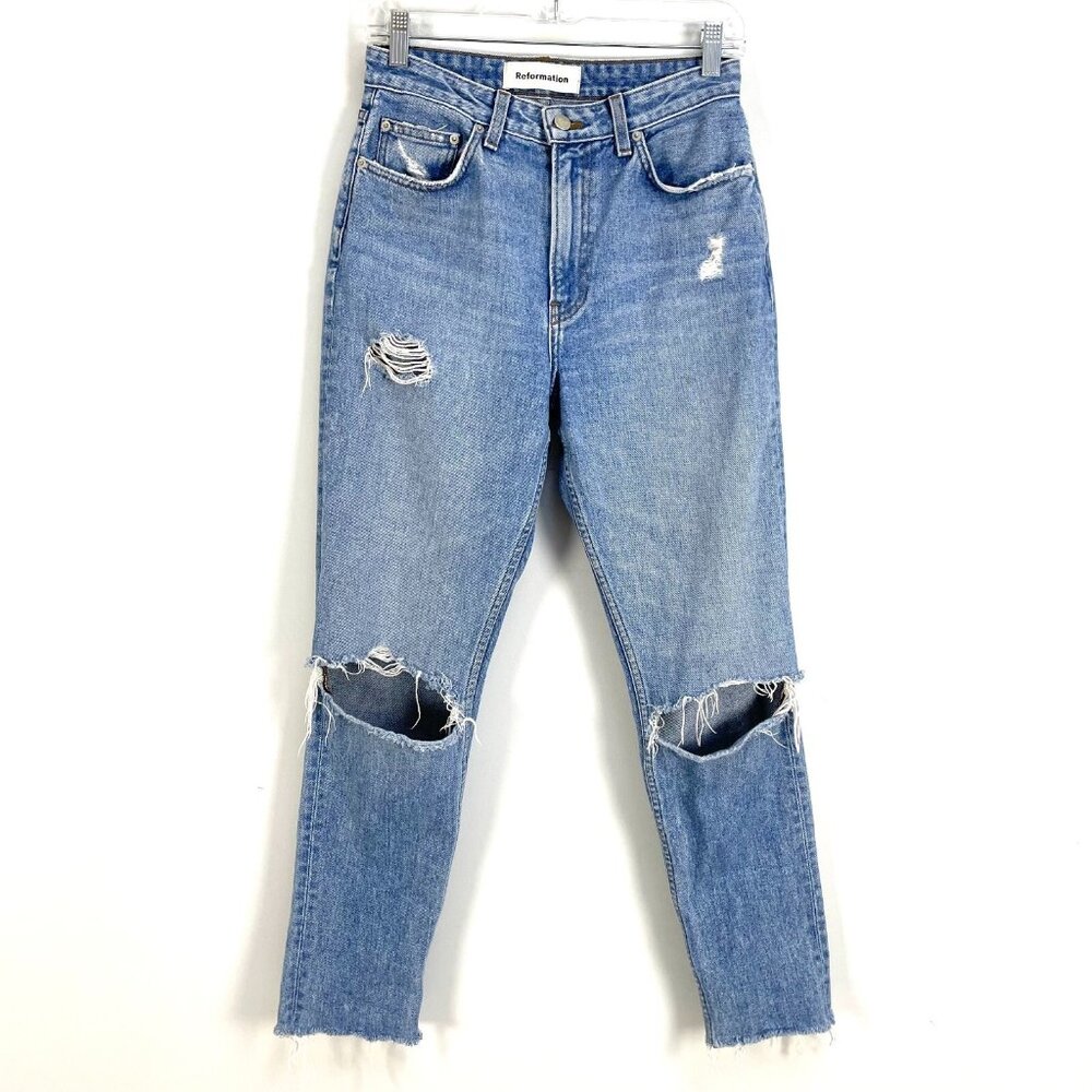 REFORMATION Womens 28 Jeans High Waist Cigarette Leg Distressed‎ Denim